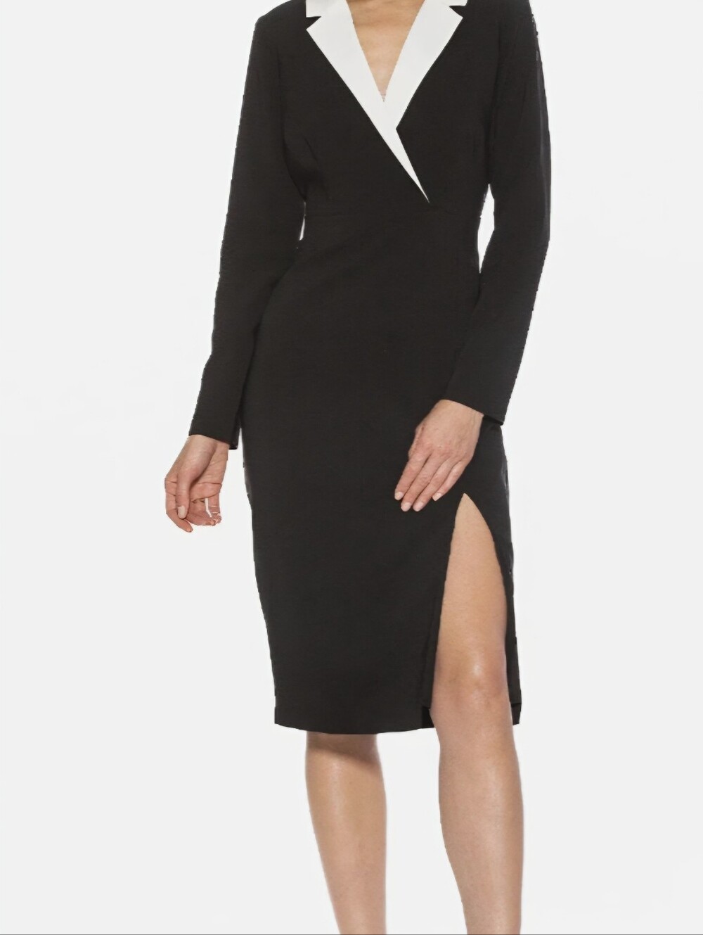 Alexia Admor Black Long Sleeve Sheath Dress with White Notch Collar
